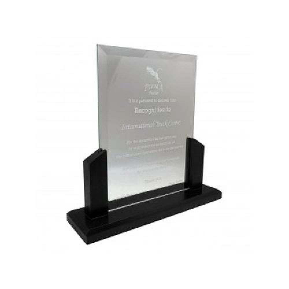 RECONOCIMIENTO GRANDE  DE CRISTAL RECTO DE 6 MM.  BISELADO MEDIDA 29 X 27.6 CM CON   GRABADO LASER EN EL CRISTAL CON MEDIDA  14.6 X 20 CM  Y BASE DE MADERA ELEGANTE  NEGRA imagen
